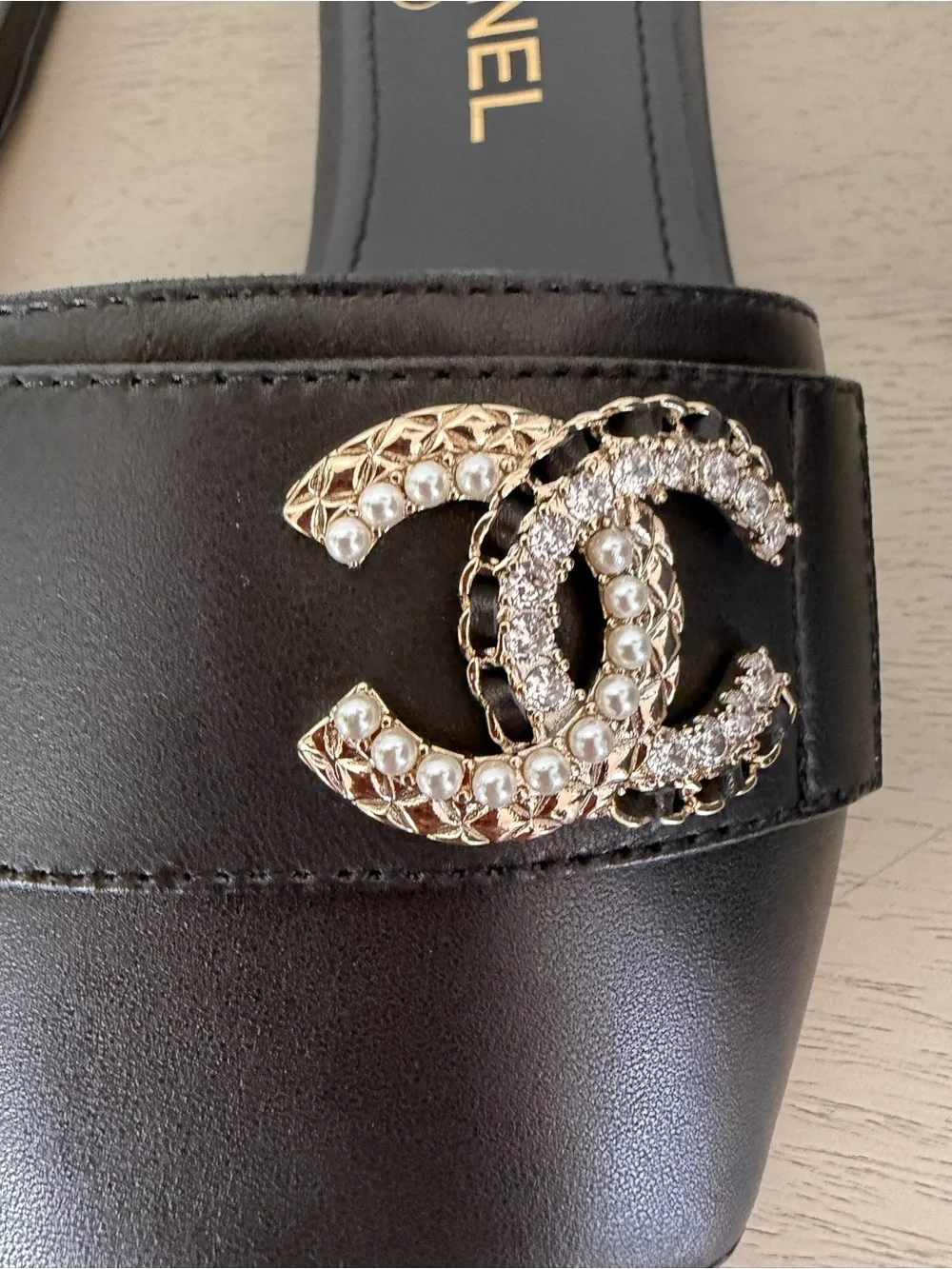CHANEL Black Leather Slide Sandals with Gold CC Crystal Logo Sz 38